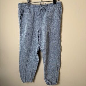 Lands End 100% Linen High Rise Pull On Crop Pants Womens 8 Blue Tie Waist Capris